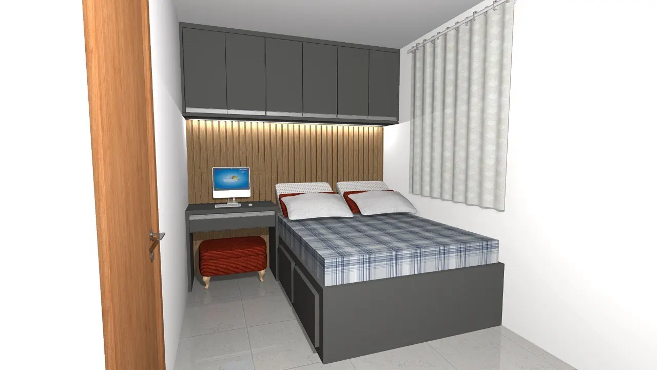 Quarto de solteiro com cabeceira estofada, painel iluminado e armário cinza